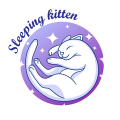 Vector icon of cute sleeping kitten in circle. Pet shop veterinary clinic, pet shelter, brand or company logo. 