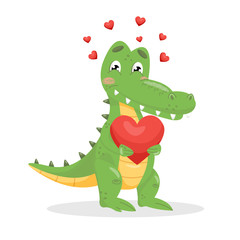 Vector flat crocodile holding big heart. Cute and shy little alligator on white isolated background