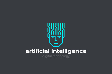 Artificial Intelligence Logo AI Man Robot Face Head Linear Outline Neon style. Neural Network think digital technology design icon