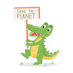 Vector alligator striking for nature. Save the planet sing illustration. Cute crocodile flat character design