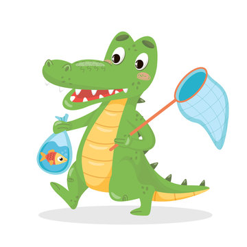 Vector crocodile holding fish and net. Flat alligator illustration on white isolated background. Cute crocodile going fron fishing