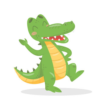 Cartoon crocodile waving and dancing. Cute character illustration on white isolated background. Little alligator on the dancefloor