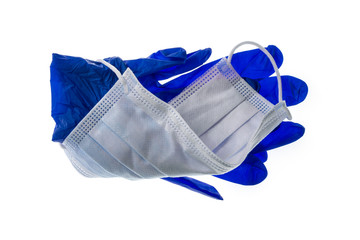 blue latex surgical gloves with surgical mask isolated on white background