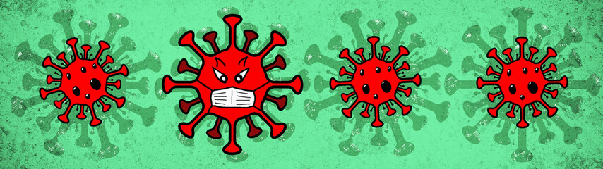 CORONAVIRUS - Red cartoon virus isolated on green bright abstract rustic texture background banner panorama, top view with space for text