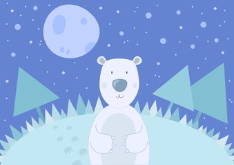 Polar bear standing in a winter landscape. Teddy bear in the moonlight, night scenery illustration. Snow forest.