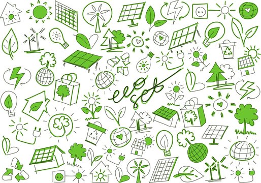 Eco set with ecological topic icons. Solar panels, trees, globes, energy, light bulbs, eco houses, plants. Hand drawn symbols.