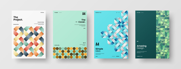 Fototapeta premium Business presentation vector A4 vertical orientation front page mock up set. Corporate report cover abstract geometric illustration design layout bundle. Company identity brochure template collection.