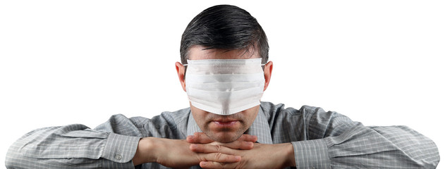 Man covers his eyes a medical mask, isolated on white background