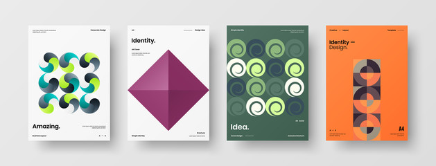 Business presentation vector A4 vertical orientation front page mock up set. Corporate report cover abstract geometric illustration design layout bundle. Company identity brochure template collection.