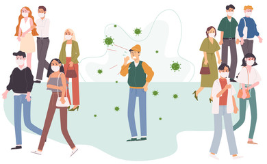 Flat style vector illustration of cartoon character man sneezing or cough in the crowd. People in face mask protect themself from germ. Fear of contagious disease. Anxiety about Wuhan corona virus.