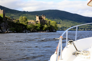 Loch Ness (Scotland), UK - August 02, 2018: Urquhart castle view from a boat, Loch Ness lake,...