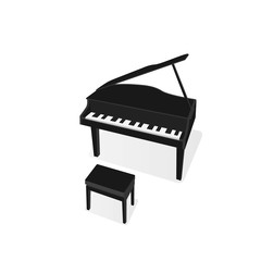 Black piano and stool on white background. Classical piano musical instrument. cartoon style. Vector icon illustration	