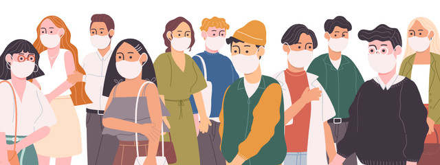 Flat style vector illustration of cartoon character crowd people in white medical face mask protect themself from germ. Fear of contagious disease. Social-distancing concept. 