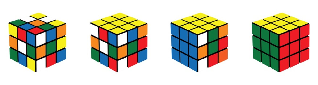 Rubik's cube isolated on white background. Unsolved Rubik's cube, solved Rubik's cube, colorful puzzle, Vector illustration.