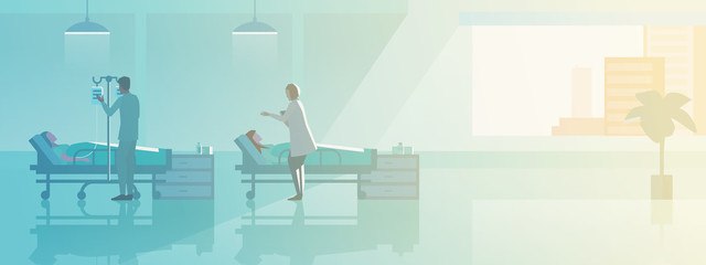 Doctor and Nurse in medical ward with Patients on medical beds Flat vector illustration. Medical Clinic Hospital interior collection.