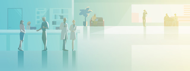 Reception in Hospital flat vector illustration. Patients Visitors standing at registration desk with Doctor and Nurse waiting in Hall Medical Clinic interior collection.