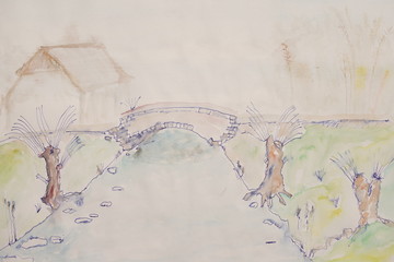 Illustration of a river with bridge and old building