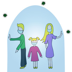 Color vector illustration of quarantine on the background of an outbreak of coronavirus infection Covid-19. Family in medical masks under a glass bell. Isolated background. Cartoon style. Better to st