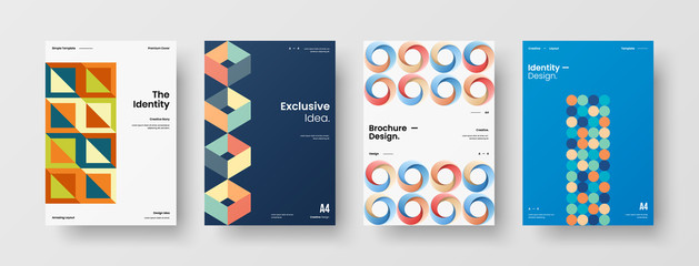 Obraz premium Business presentation vector A4 vertical orientation front page mock up set. Corporate report cover abstract geometric illustration design layout bundle. Company identity brochure template collection.