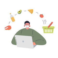Coronavirus pandemic.Novel virus 2019-nCoV.Young men buys products online during quarantine in a protective white mask.Coronavirus quarantine.Colorful vector illustration in flat cartoon style.