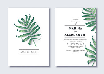 Tropical, greeting or invitation card, template design with palm leaves. Green foliage in realistic style with high details. Set of poster, flyer, brochure, cover, party advertisement, sale banner.