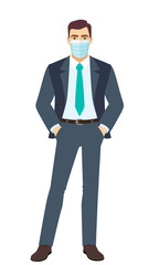 Businessman with medical mask standing with hands in pockets. Full length portrait of Businessman in a flat style.