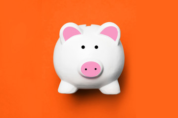 Piggy bank isolated on orange. Money saving background. Home budget planning empty copy space. Ceramic container jar in shape of animal for collecting coins and banknotes.