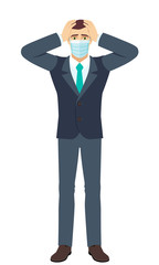 Businessman with medical mask with surprise expression on face. Full length portrait of Businessman in a flat style.