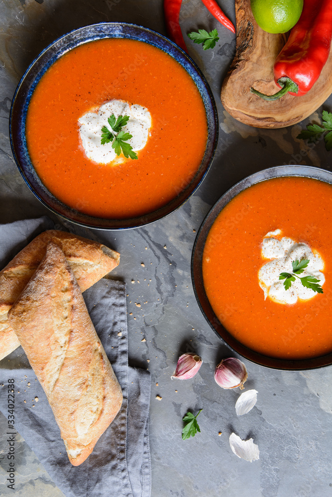 Canvas Prints Creamy roasted red bell pepper soup with sour cream - Canvas Prints