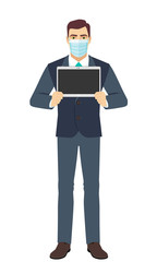Businessman with medical mask showing blank digital tablet PC. Full length portrait of Businessman in a flat style.