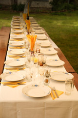 Birthday partywooden table with plates and glases 