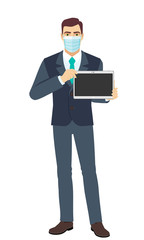 Businessman with medical mask with digital tablet. Full length portrait of Businessman in a flat style.
