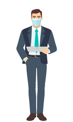 Businessman with medical mask holding tablet. Full length portrait of Businessman in a flat style.