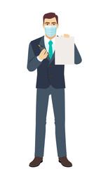 Businessman with medical mask giving pen for your signature on paper. Businesswomen offers to sign a document. Full length portrait of Businessman in a flat style.