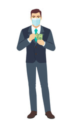 Businessman with medical mask counts the money. Full length portrait of Businessman in a flat style.