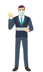 OK! Businessman with medical mask show a okay hand sign and holding digital tablet PC. Full length portrait of Businessman in a flat style.
