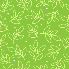 Fantasy light yellow leaves with berries and white dots on green background. Seamless doodle floral  summer pattern.