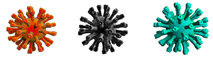 3 multi coolored coronaviruses or 2019-ncov isolated on white backdrop - medical 3D illustration
