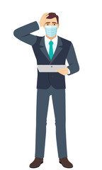 Shocked Businessman with medical mask holding digital tablet PC and grabbed his head. Full length portrait of Businessman in a flat style.