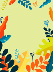 Fototapeta na wymiar Vertical flat stylish floral illustration. Orange, blue, yellow branches and leaves on light background.