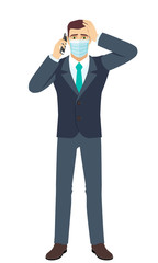 Obraz premium Shocked Businessman with medical mask talking on the mobile phone and grabbed his head. Full length portrait of Businessman in a flat style.