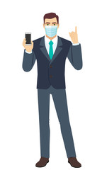 Businessman with medical mask holding mobile phone and pointing up. Full length portrait of Businessman in a flat style.