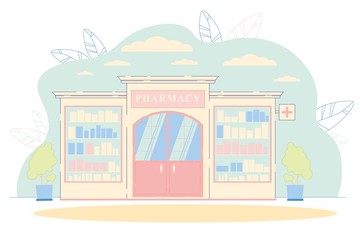 Fototapeta premium Pharmacy Building Facade Drugstore Entrance Door
