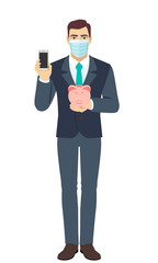 Businessman with medical mask holding mobile phone and piggy bank. Full length portrait of Businessman in a flat style.