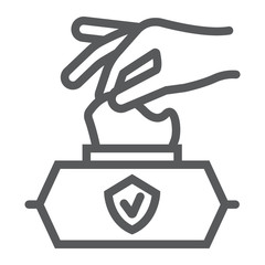 Hand pulling wet tissue line icon, wash and hygiene, hand tissues sign, vector graphics, a linear pattern on a white background, eps 10.