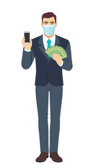 Businessman with medical mask holding mobile phone and money. Full length portrait of Businessman in a flat style.
