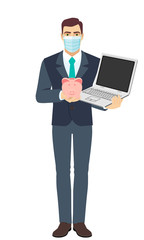 Fototapeta na wymiar Businessman with medical mask holding a piggy bank and laptop notebook. Full length portrait of Businessman in a flat style.