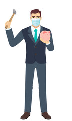 Businessman with medical mask trying to break a piggy bank with a hammer. Full length portrait of Businessman in a flat style.
