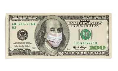 Coronavirus COVID-19 in USA. Quarantine and global recession. Ben Franklin in healthcare surgical...