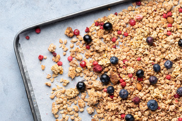 Tasty Strawberry Dessert, Homemade Granola with Strawberries, blueberries, raspberries and red currants. Seeds, Healthy Breakfast, Parfait in a Jar over Bright Background